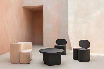 Sculptural Black & Blush Modular Seating & Coffee Table in Minimalist Interior