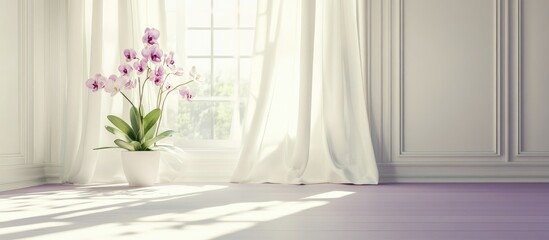 Fototapeta premium Indoor scene with purple flowers in a pot near a large window with white curtains and natural sunlight Copy Space