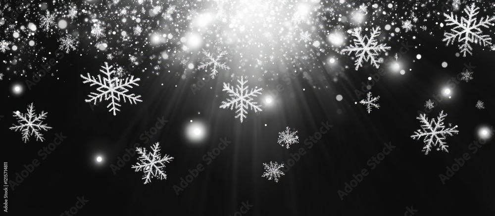 Aufkleber snowflakes falling against a black background with bright light effects and sparkles creating a wint