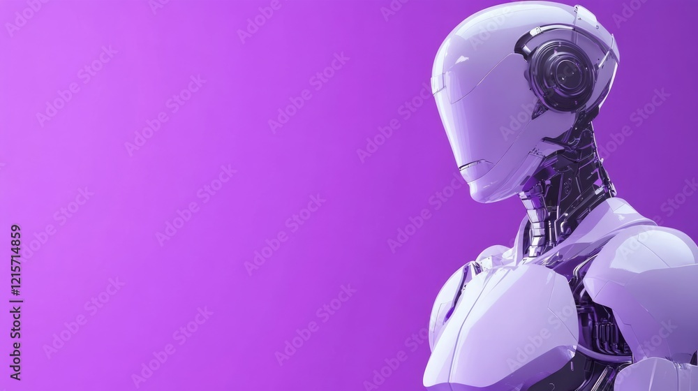 Poster futuristic ai avatar design on purple background with space for text placement and creative applicat