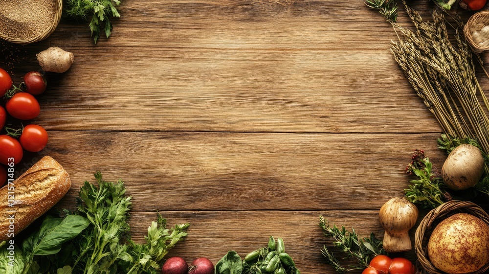 Poster fresh vegetables and herbs on rustic wooden table with empty space for text layout in agriculture an