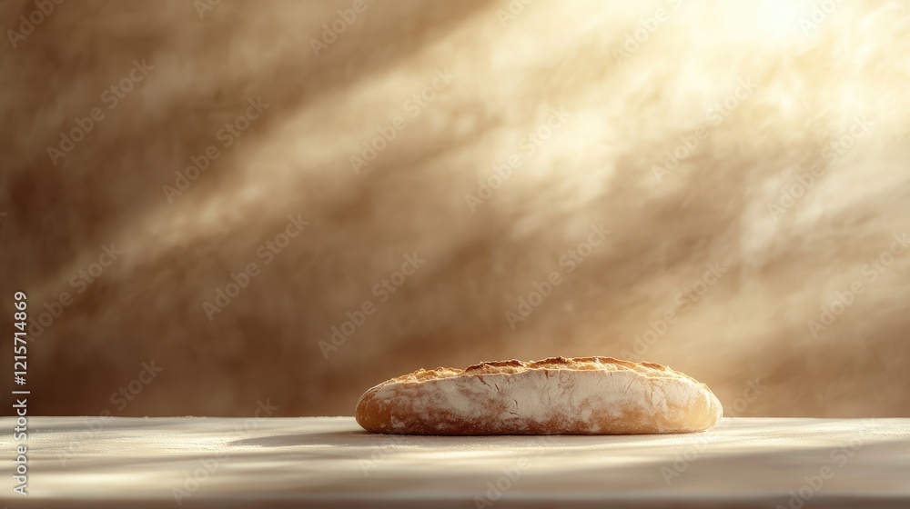 Poster freshly baked baguette on light table showcasing moody shadows and ample empty space for text creati