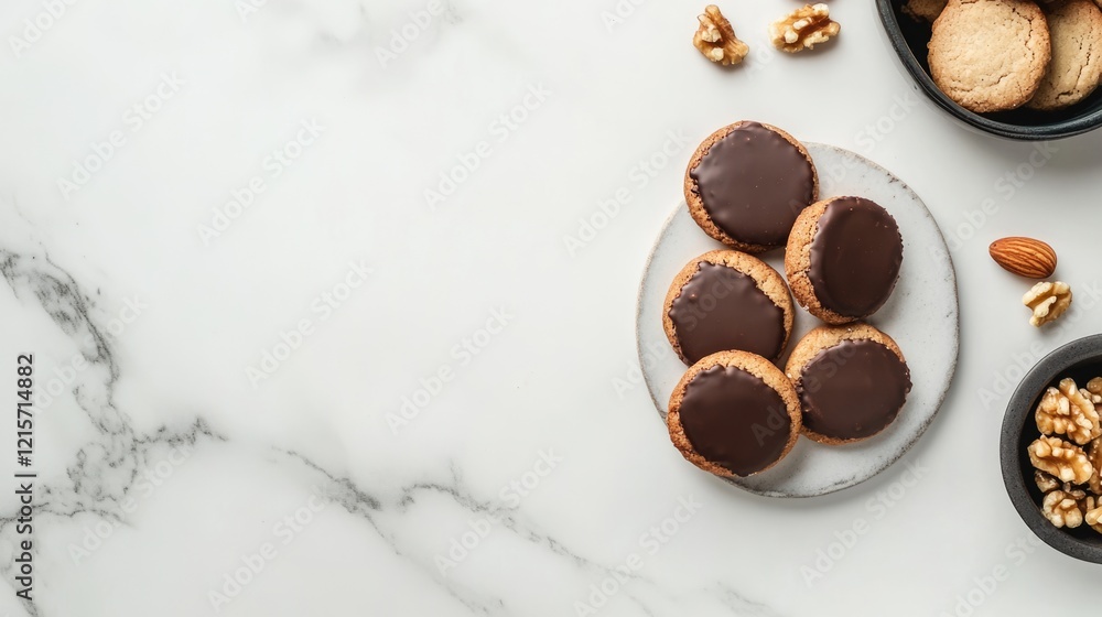 Poster cookies with chocolate icing on a marble surface with nuts in bowls and copy space for text.