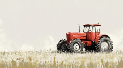Fototapeta premium Red agricultural tractor in a farm field with vast empty space ideal for text placement or advertising.