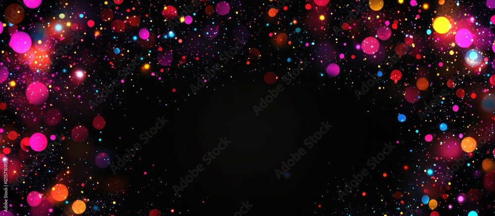 Poster colorful bokeh lights on black background with copy space for text and design overlay