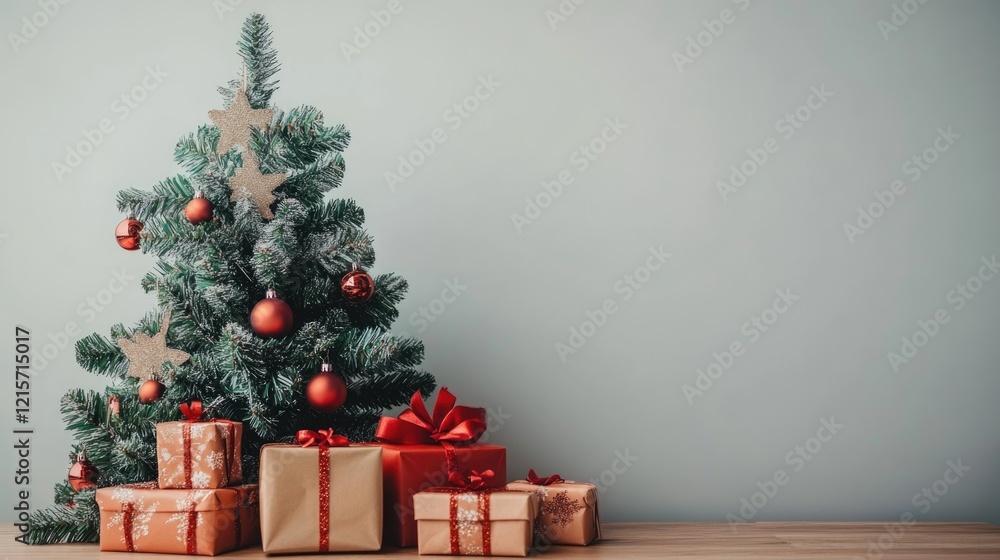 Poster christmas tree decorated with ornaments and presents in front of a pale background with copy space f