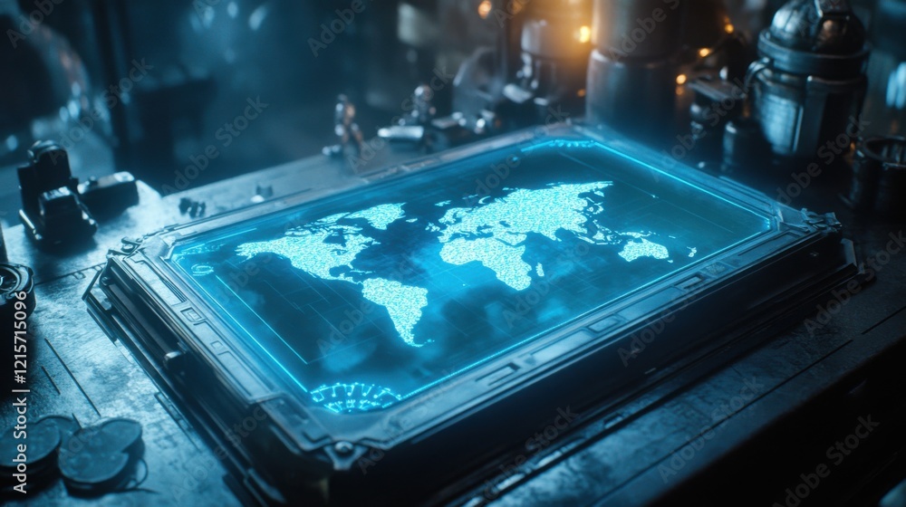 Poster futuristic digital world map displayed on high-tech transparent surface in a dark, atmospheric envir