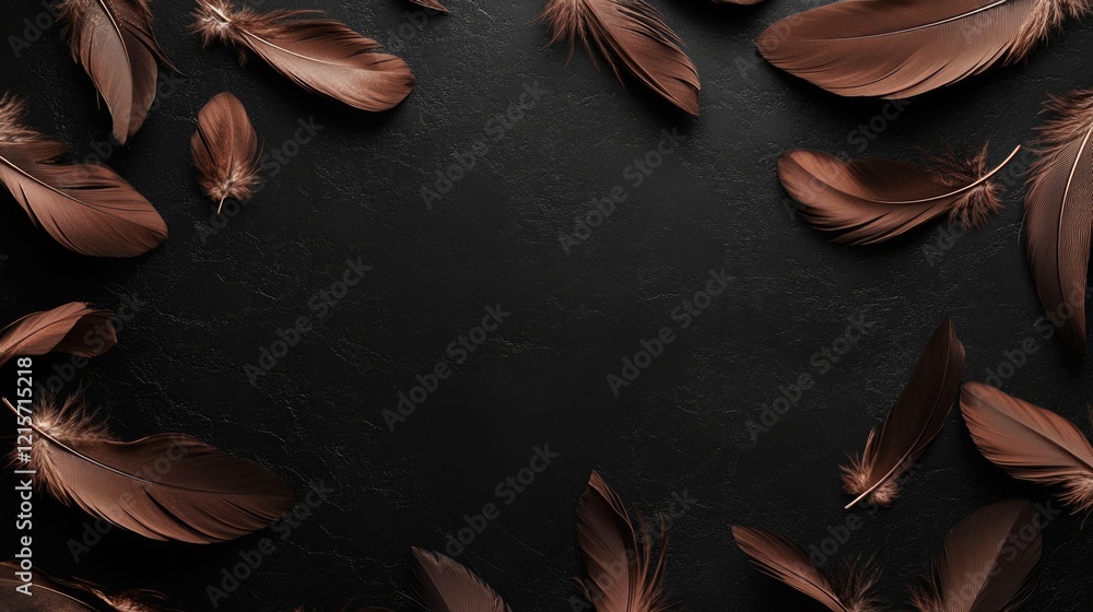 Poster brown feathers scattered on a dark textured background with ample copy space for text placement.