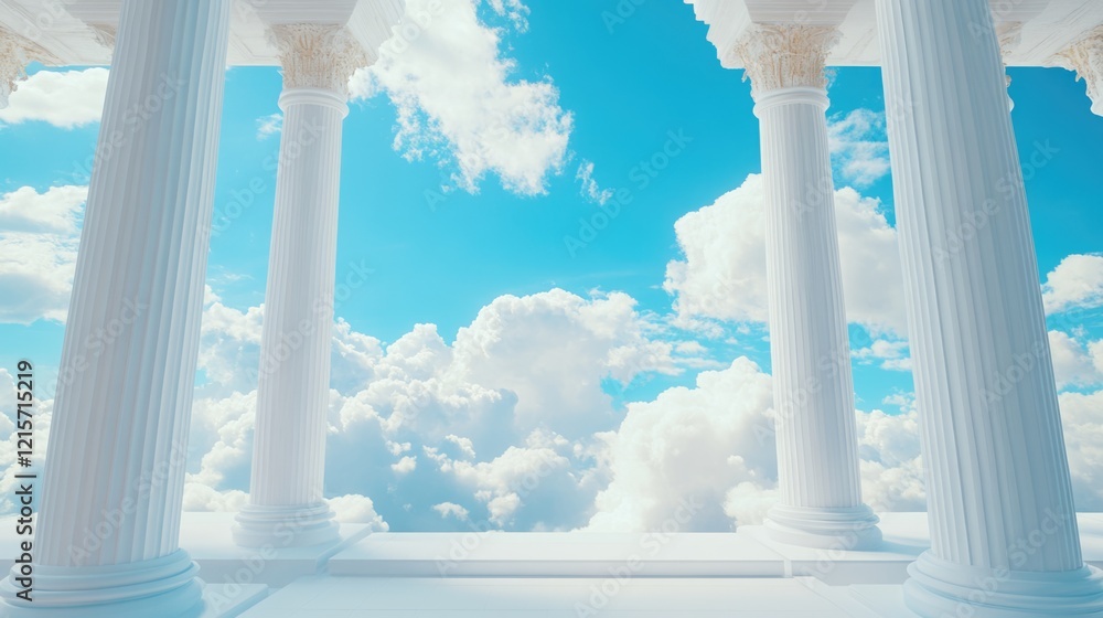 Poster heavenly paradise with classical columns and a vibrant blue sky creating an ethereal atmosphere idea