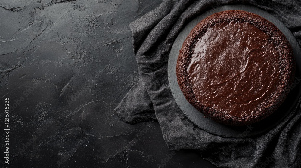 Poster chocolate cake on a dark textured background with copy space for text. top view of dessert presentat