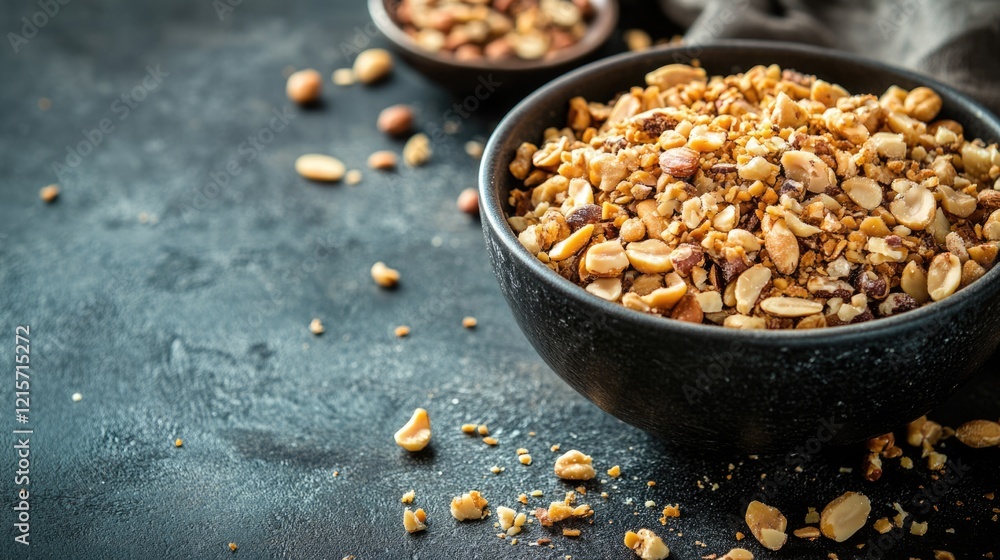 Poster healthy mixed nuts and seeds in a black bowl on dark textured background with copy space for text or