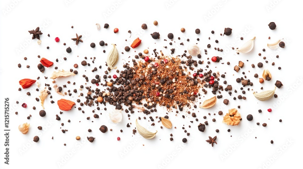 Wall mural Colorful Assortment of Spices and Herbs Spread on White Surface Creating an Appealing Culinary Background Top View