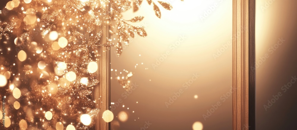 Poster bokeh background with warm golden lights and soft focus, featuring decorative leaves and ample copy 