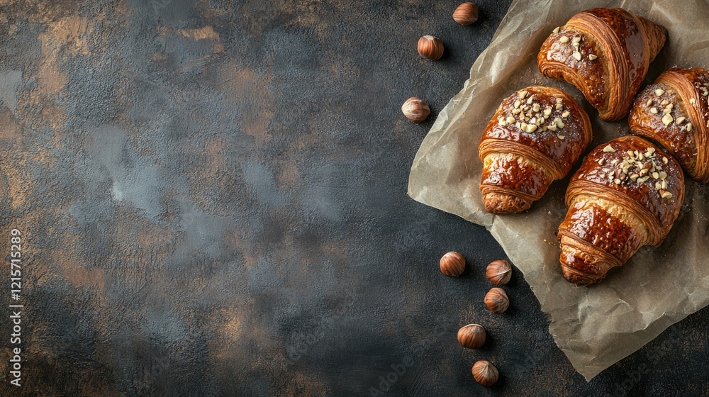 Aufkleber croissants with nuts and caramel glaze on parchment paper with hazelnuts on rustic dark background c
