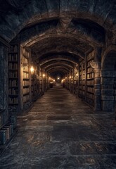 Obraz premium Dark Mysterious Stone Library Hallway Background Image