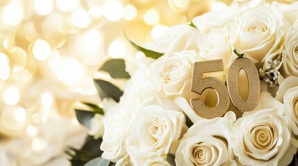 50th wedding anniversary celebration with golden number 50 on white rose bouquet and soft blurred background for copy space