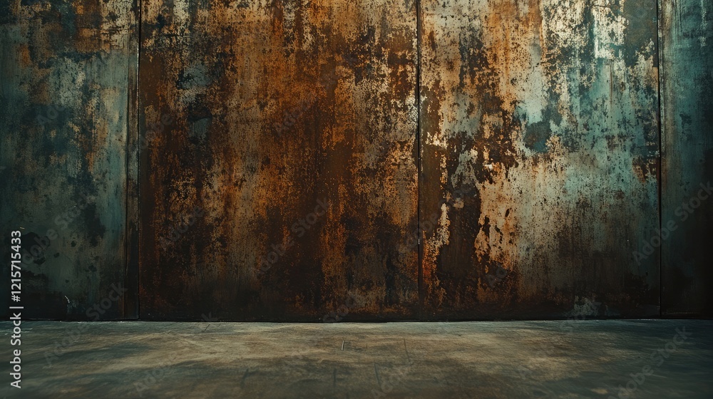 Poster rusty galvanized metal wall with rustic texture and empty space for text placement in vintage indust