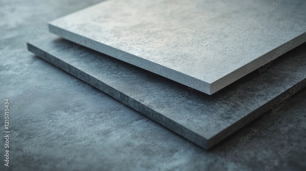 Poster textured concrete slabs in varying shades stacked on a gray surface with ample copy space for design