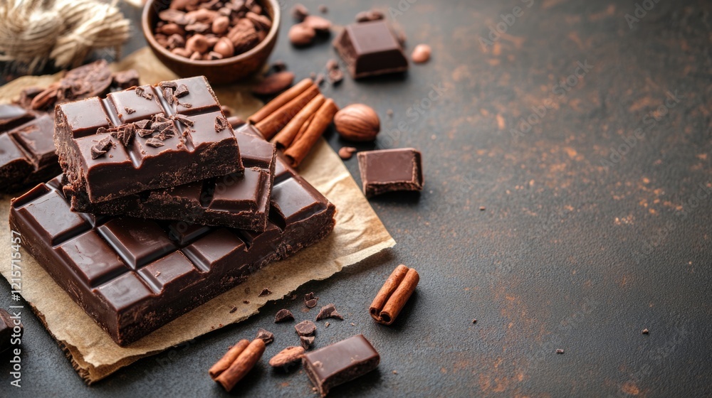 Aufkleber chocolate bars and cocoa beans with cinnamon sticks on a dark background copy space