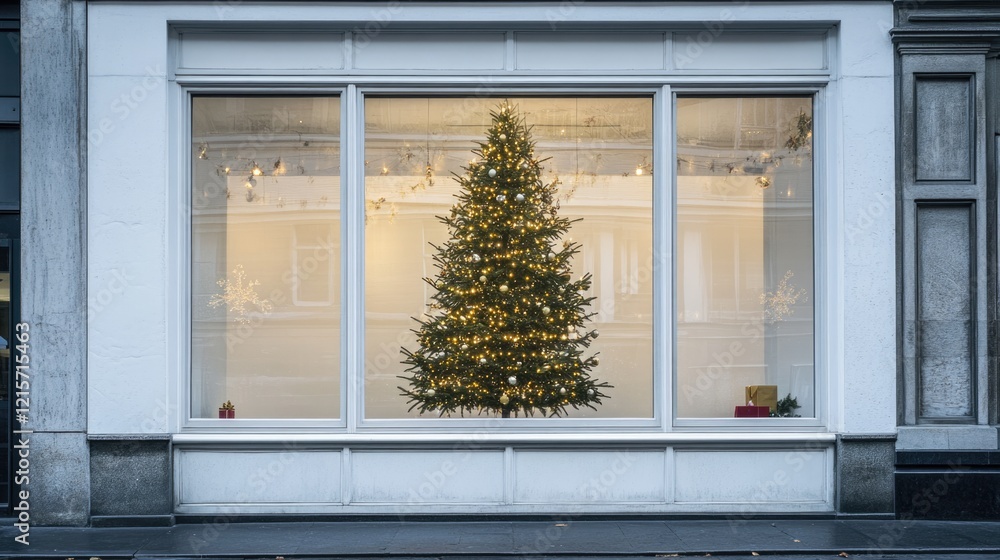 Aufkleber decorative christmas tree illuminated with lights in a shop window with blank copy space for text in
