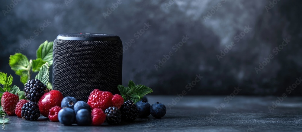 Poster black speaker surrounded by fresh ripe berries on a dark table with ample copyspace for text and des