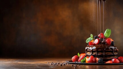 Chocolate pancakes with fresh strawberries and blackberries, drizzled with chocolate sauce on a dark background, Copy Space.