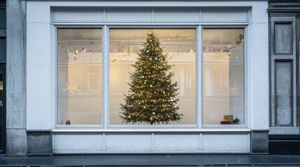 Decorative Christmas tree illuminated with lights in a shop window with blank Copy Space for text in a urban setting