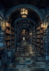 Fototapeta premium Dark Medieval Library Hallway Bookshelves Stone Floor