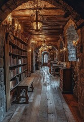 Fototapeta premium Enchanting Medieval Library Hallway with Old Books and Wooden Floors