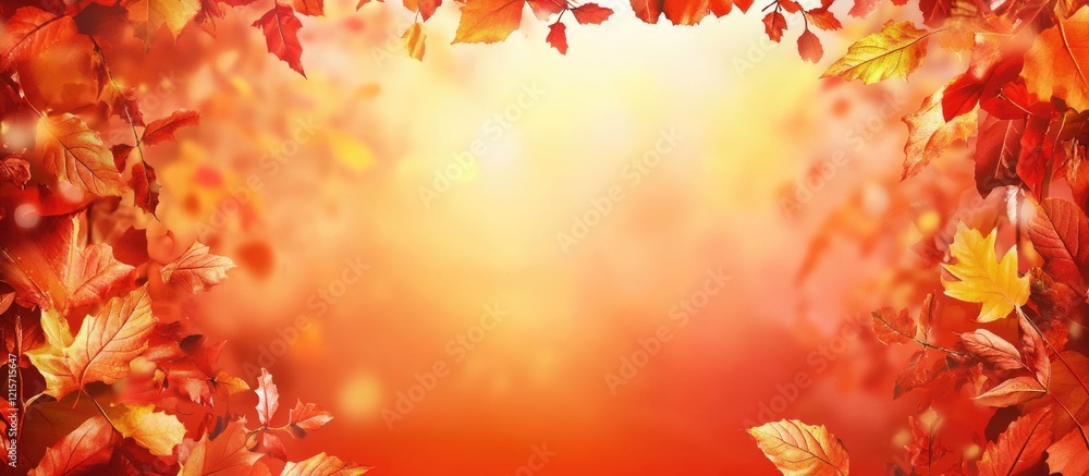 Aufkleber autumn leaves border over a blurred orange background with copy space for text and design elements.