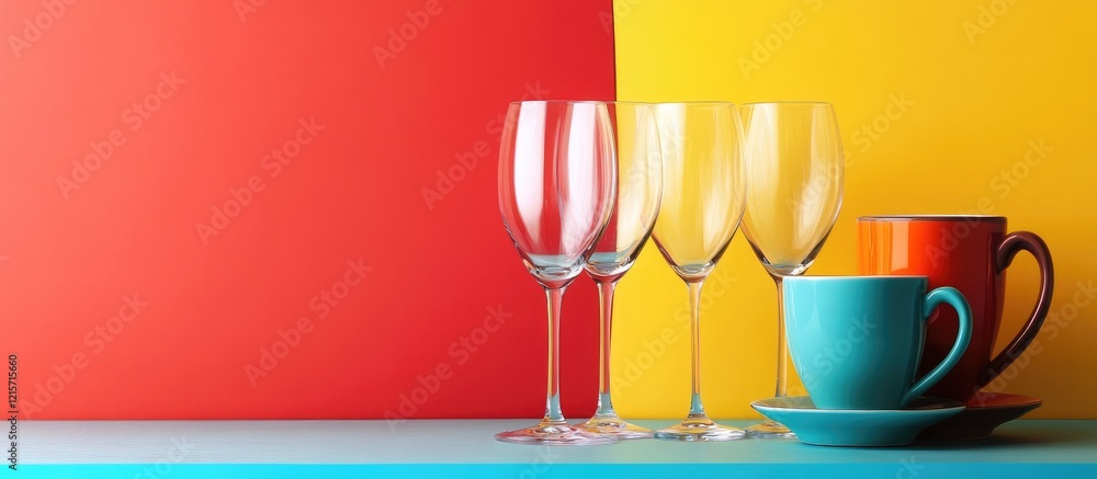 Poster colorful composition of empty glasses and tea cups on a bright background with copy space for text.