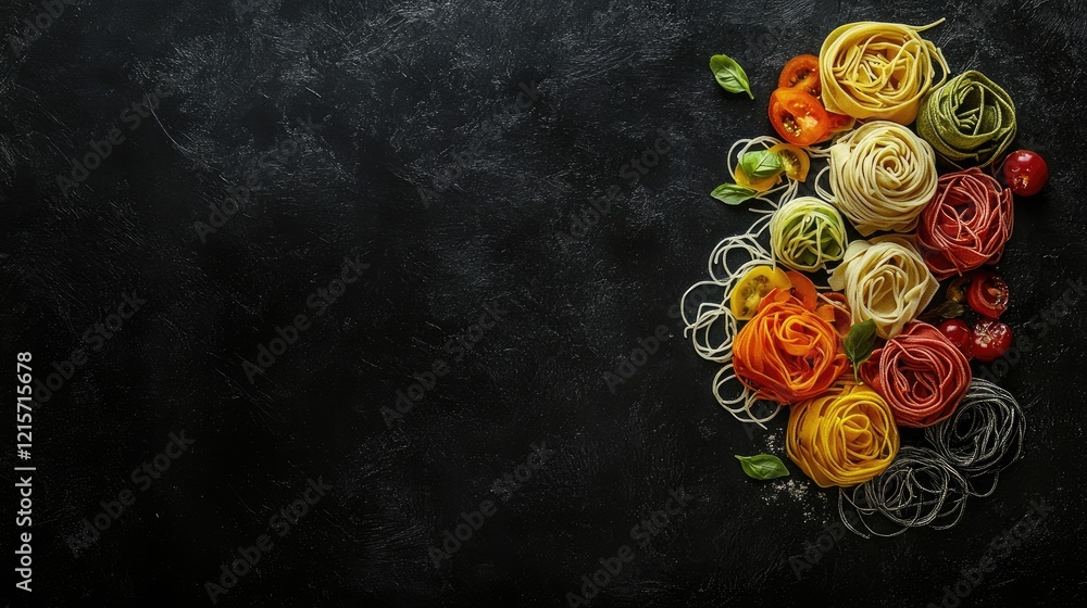 Poster assorted colorful raw pasta arranged on dark background professional culinary concept with space for