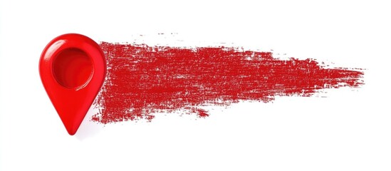 Red hand drawn brush stroke with a red location pin marker on a white background for emphasizing text and location in designs