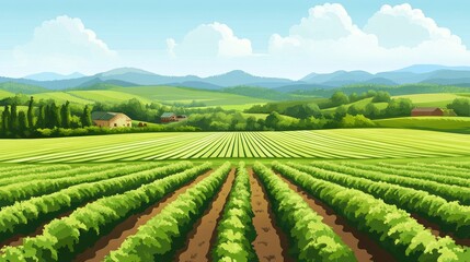 Scenic afternoon landscape of an organic vineyard with lush green fields and mountains offering ample copyspace for text placement