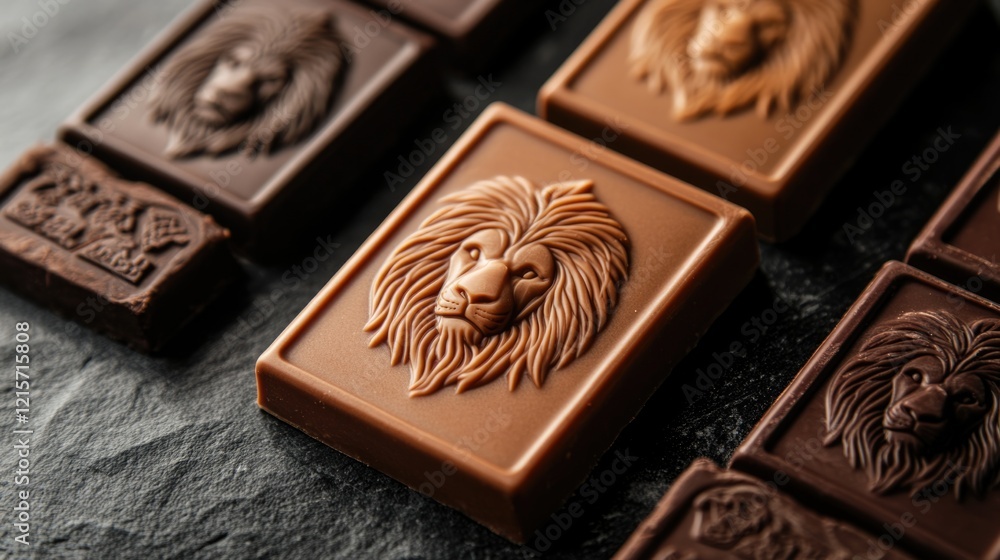 Aufkleber chocolate bars with lion embossing arranged on a dark stone background with copy space for text.