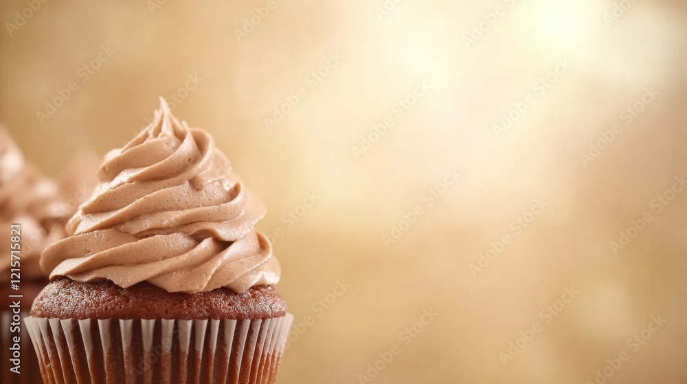 Poster chocolate cupcake with swirled frosting on a blurred golden background with copy space for text.