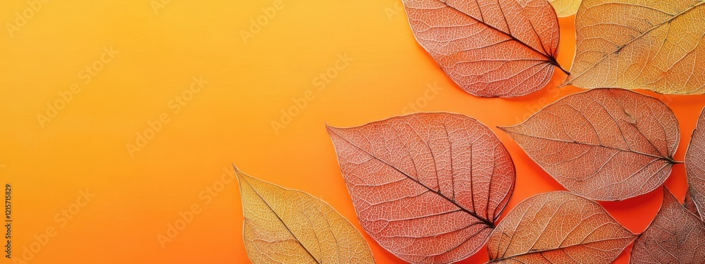 Poster dried gradient leaves on vibrant orange background showcasing botanical art with ample space for tex