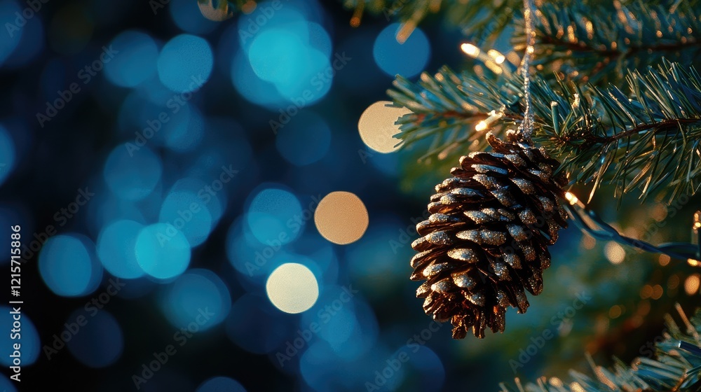 Poster close-up of pine cone on evergreen branch with blue and orange bokeh background copy space