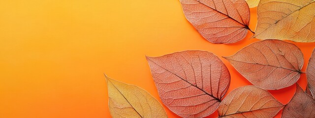 Obraz premium Dried gradient leaves on vibrant orange background showcasing botanical art with ample space for text and design elements