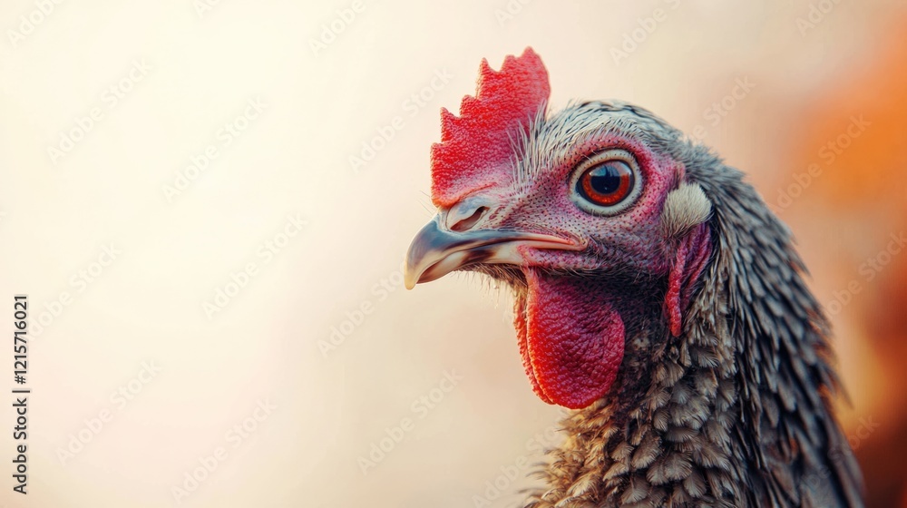 Poster close-up of a chicken head showing detailed feathers and vibrant red comb against a soft blurred bac
