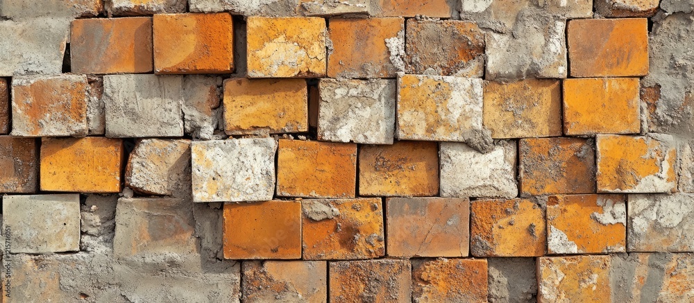 Poster textured wall made of unevenly arranged orange and gray stone blocks with different shapes and sizes