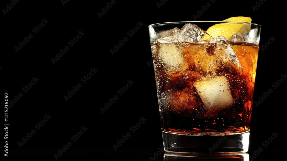 Poster glass of cola with ice and lemon slice on a black background copy space