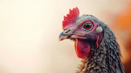 Close-up of a chicken head showing detailed feathers and vibrant red comb against a soft blurred background with Copy Space