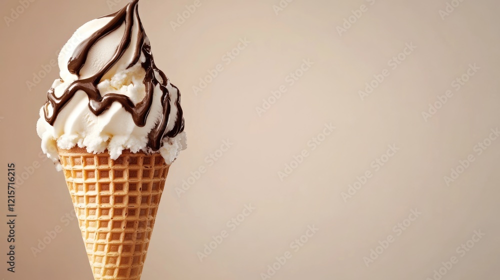 Poster ice cream cone topped with whipped cream and chocolate drizzle on a neutral background with copy spa