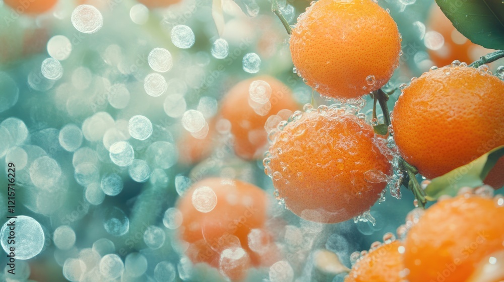 Poster fresh oranges with water droplets and bubbles on branches, blurred background with bokeh effect, vib