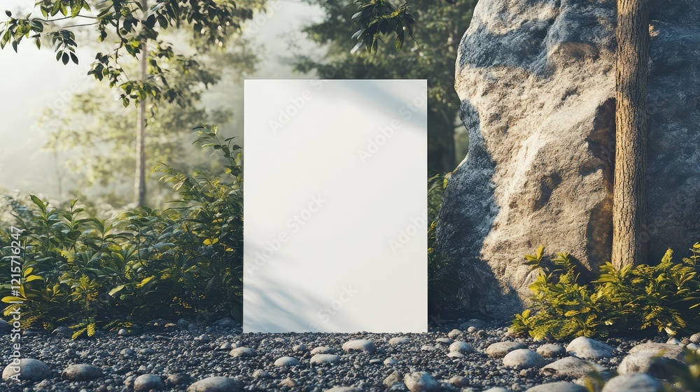 Poster vertical mockup poster in serene natural setting with soft diffused sunlight on gravel, surrounded b
