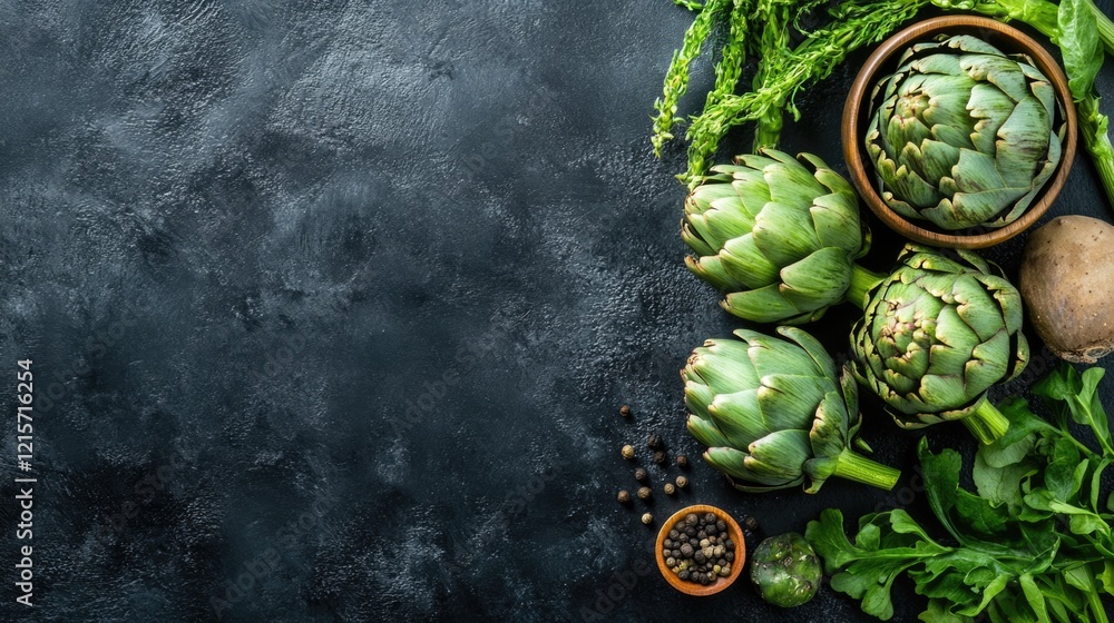 Poster fresh artichokes and greens arranged on a dark textured background with copy space for text or desig