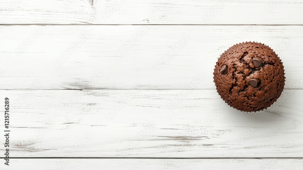 Poster chocolate muffin placed on white wooden table with natural texture and copy space for text insertion