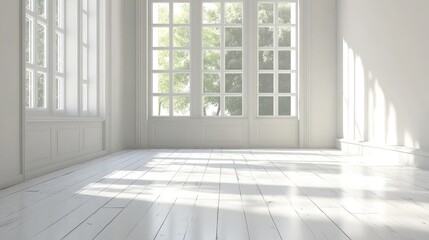 Bright and Airy Interior of a Room Featuring White Varnished Parquet Flooring Illuminated by Natural Light from Large Windows with Greenery Outside