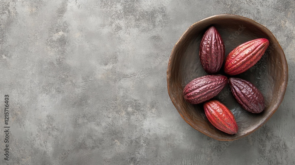 Poster cocoa pods in a wooden bowl on a textured gray background with copy space for text placement